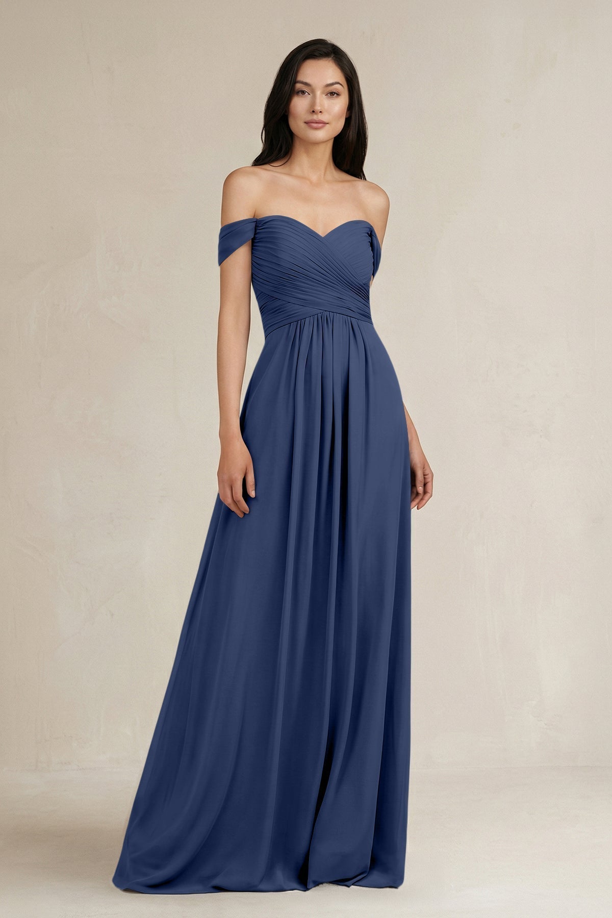A-Line Pleated Off-the-Shoulder Chiffon Bridesmaid Dress in Navy