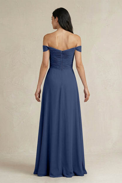 A-Line Pleated Off-the-Shoulder Chiffon Bridesmaid Dress in Navy