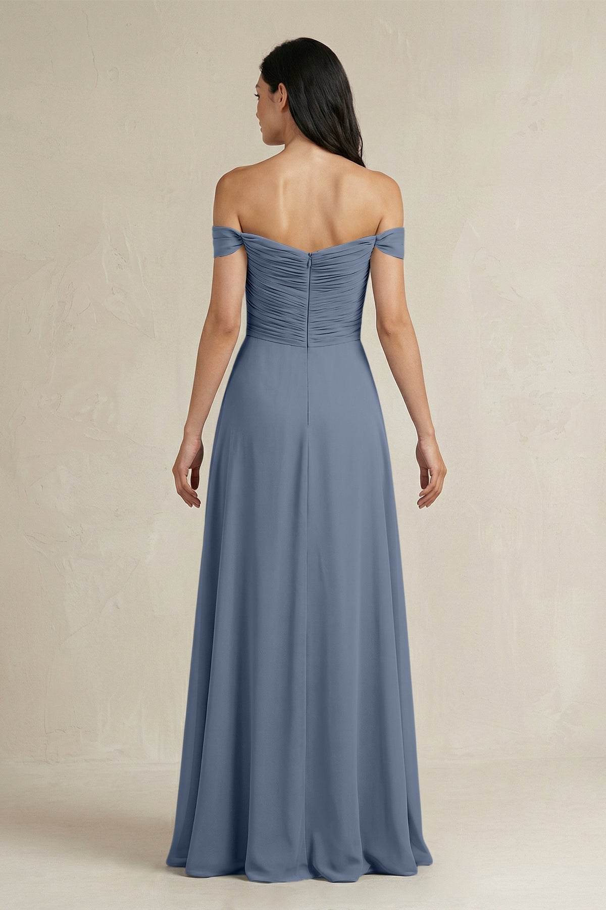 A-Line Pleated Off-the-Shoulder Chiffon Bridesmaid Dress in Neptune