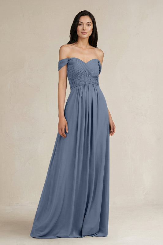 A-Line Pleated Off-the-Shoulder Chiffon Bridesmaid Dress in Neptune