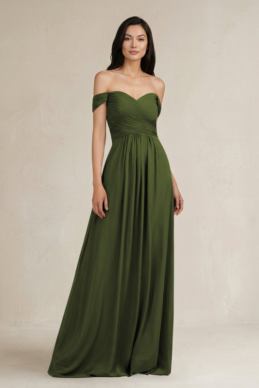 A-Line Pleated Off-the-Shoulder Chiffon Bridesmaid Dress in Olive