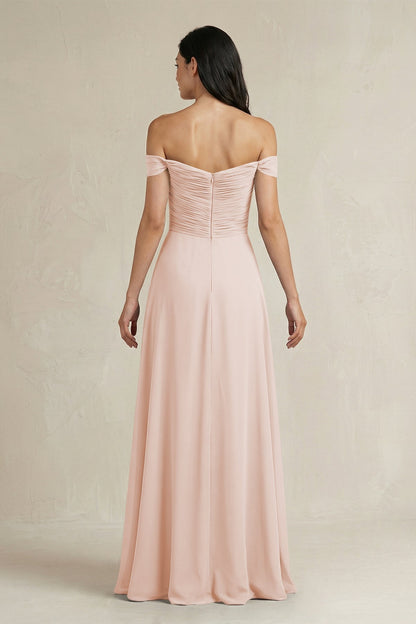 A-Line Pleated Off-the-Shoulder Chiffon Bridesmaid Dress in Pale Blush
