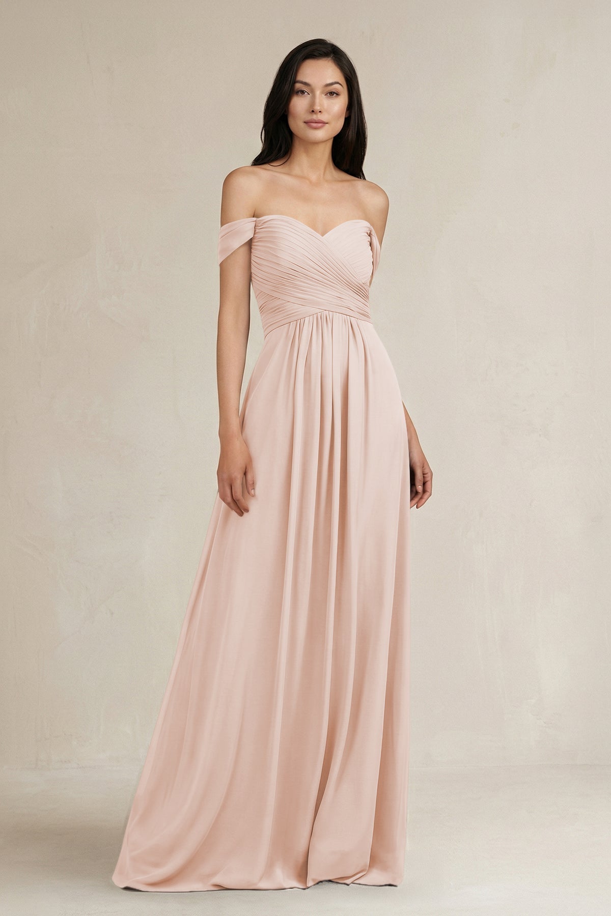 A-Line Pleated Off-the-Shoulder Chiffon Bridesmaid Dress in Pale Blush