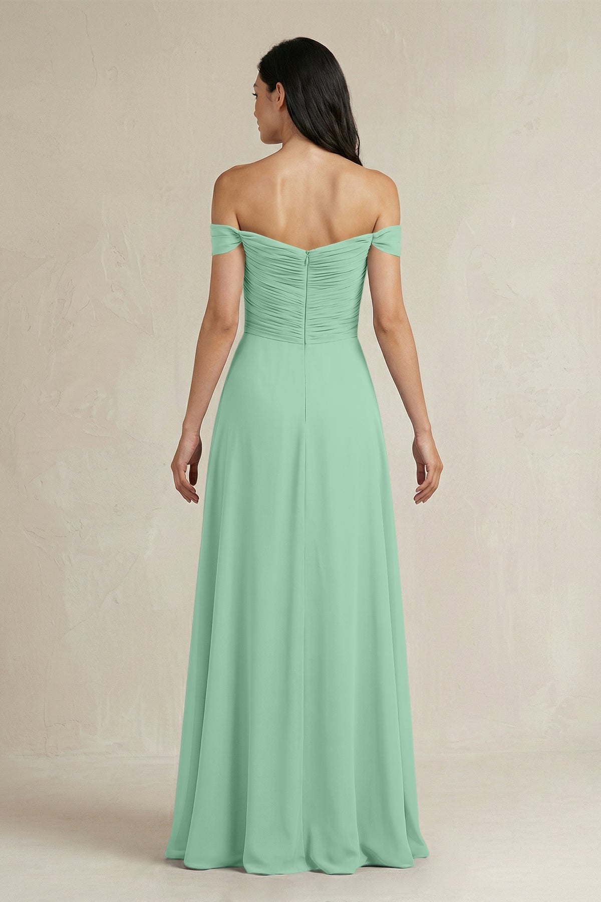 A-Line Pleated Off-the-Shoulder Chiffon Bridesmaid Dress in Pale Pistachio