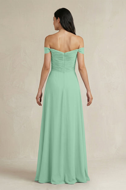 A-Line Pleated Off-the-Shoulder Chiffon Bridesmaid Dress in Pale Pistachio