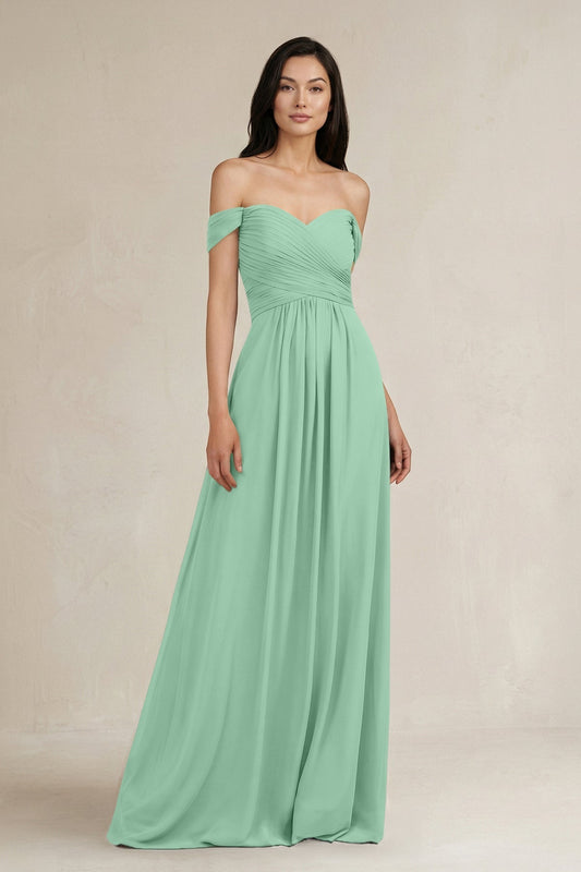 A-Line Pleated Off-the-Shoulder Chiffon Bridesmaid Dress in Pale Pistachio