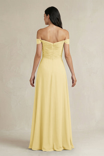 A-Line Pleated Off-the-Shoulder Chiffon Bridesmaid Dress in Pastel Yellow