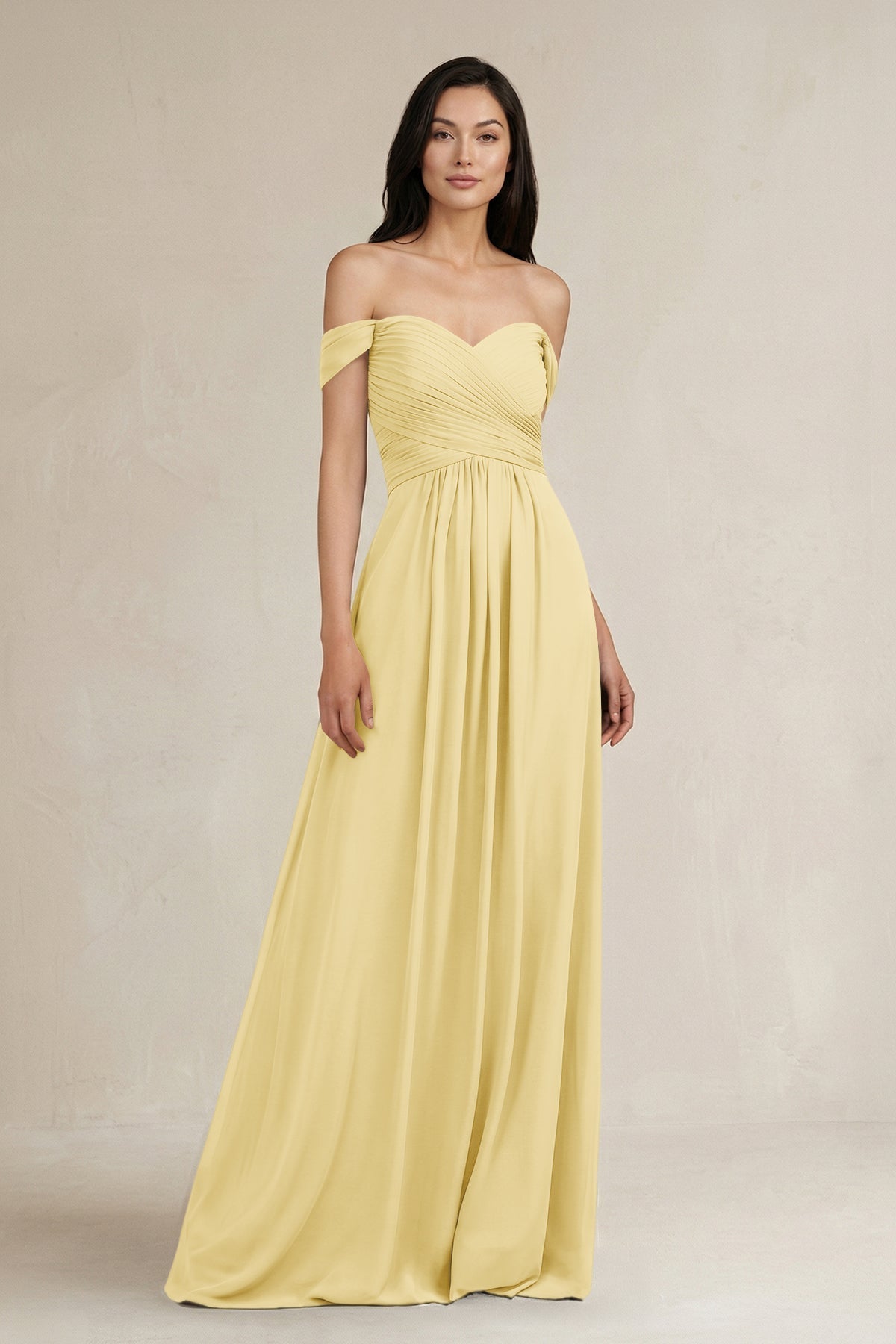 A-Line Pleated Off-the-Shoulder Chiffon Bridesmaid Dress in Pastel Yellow