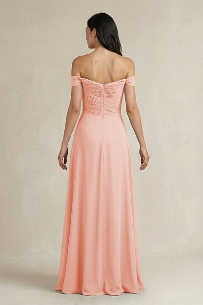 A-Line Pleated Off-the-Shoulder Chiffon Bridesmaid Dress in Rose Petal