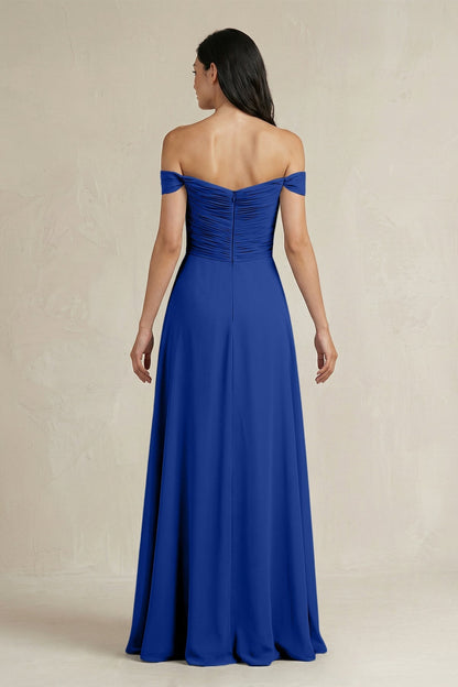 A-Line Pleated Off-the-Shoulder Chiffon Bridesmaid Dress in Royal Blue