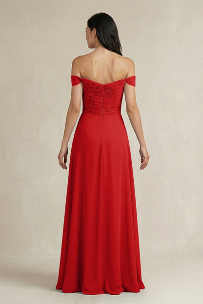 A-Line Pleated Off-the-Shoulder Chiffon Bridesmaid Dress in Ruby Red
