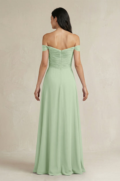 A-Line Pleated Off-the-Shoulder Chiffon Bridesmaid Dress in Sage