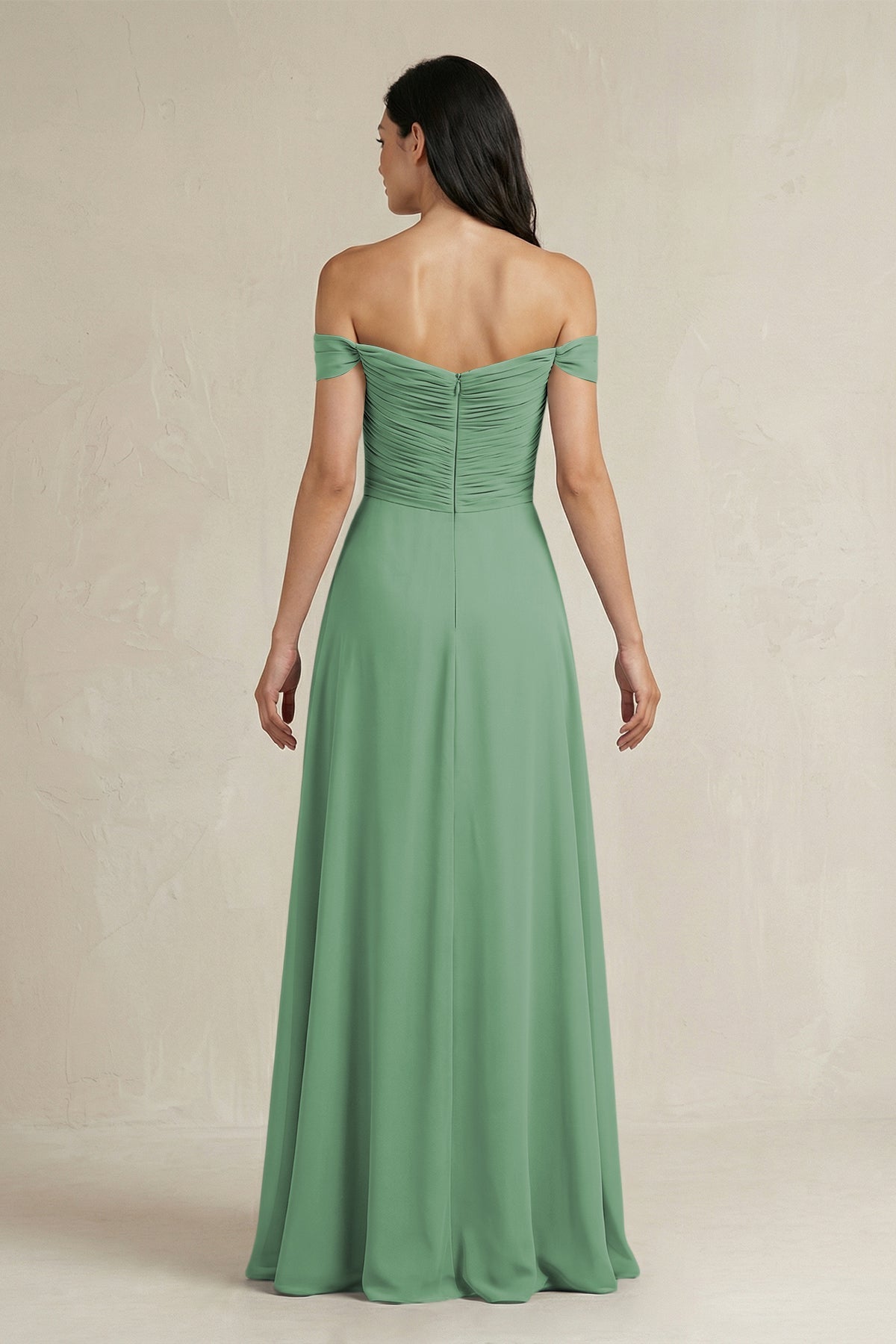 A-Line Pleated Off-the-Shoulder Chiffon Bridesmaid Dress in Sea Glass