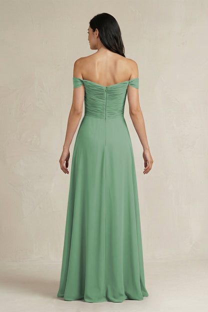 A-Line Pleated Off-the-Shoulder Chiffon Bridesmaid Dress in Sea Glass