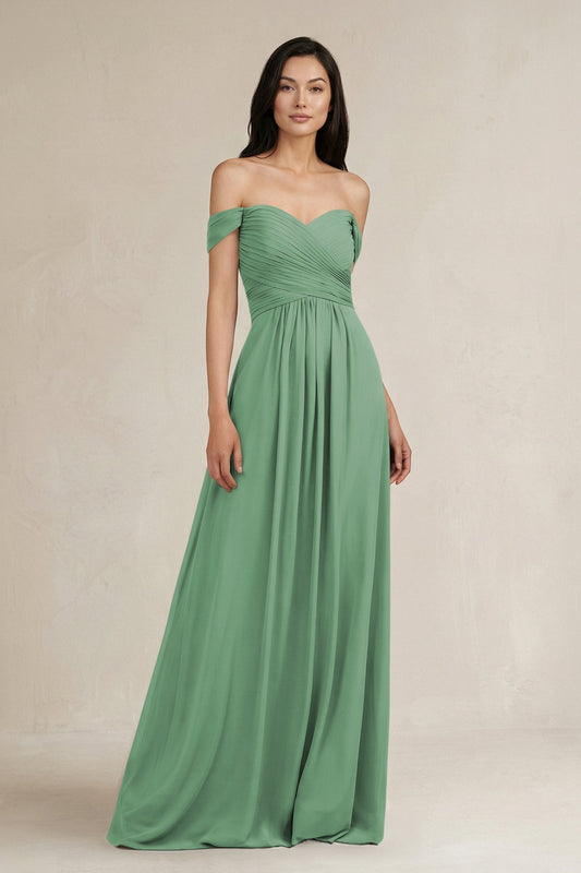 A-Line Pleated Off-the-Shoulder Chiffon Bridesmaid Dress in Sea Glass