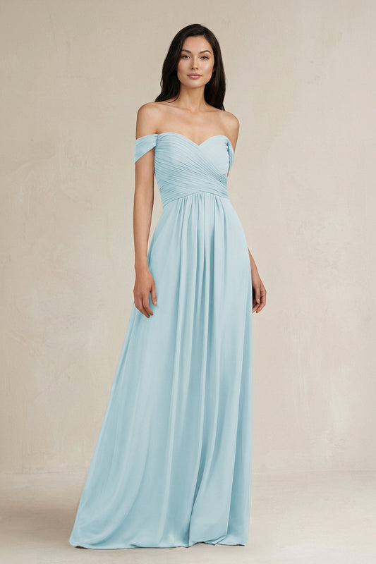 A-Line Pleated Off-the-Shoulder Chiffon Bridesmaid Dress in Sky Blue
