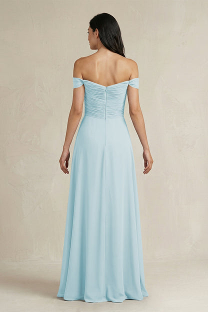 A-Line Pleated Off-the-Shoulder Chiffon Bridesmaid Dress in Sky Blue