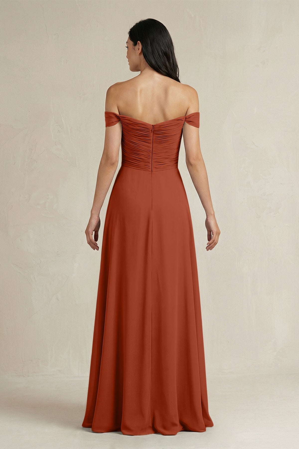 A-Line Pleated Off-the-Shoulder Chiffon Bridesmaid Dress in Spice