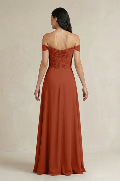 A-Line Pleated Off-the-Shoulder Chiffon Bridesmaid Dress in Spice