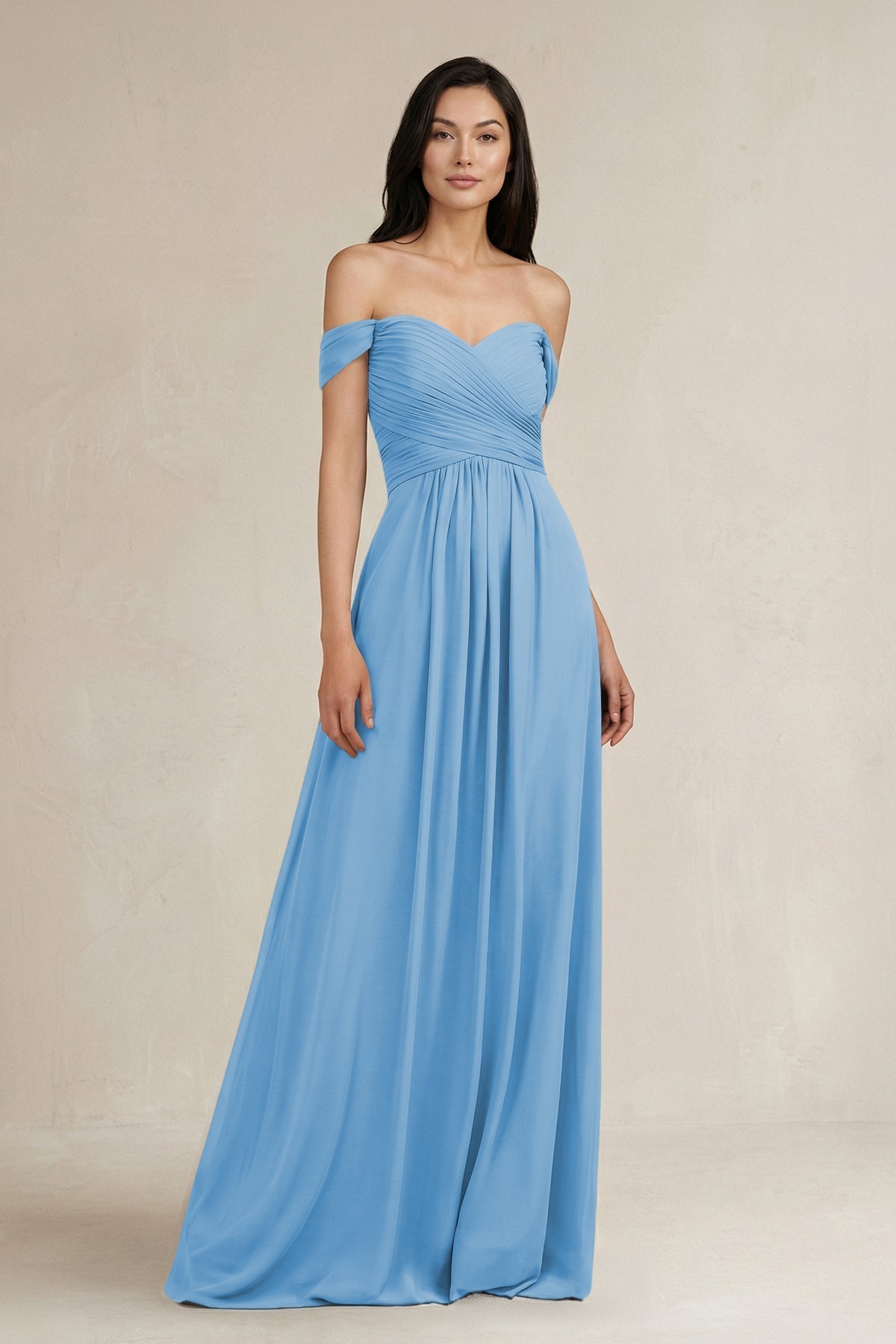 A-Line Pleated Off-the-Shoulder Chiffon Bridesmaid Dress in Steel Blue
