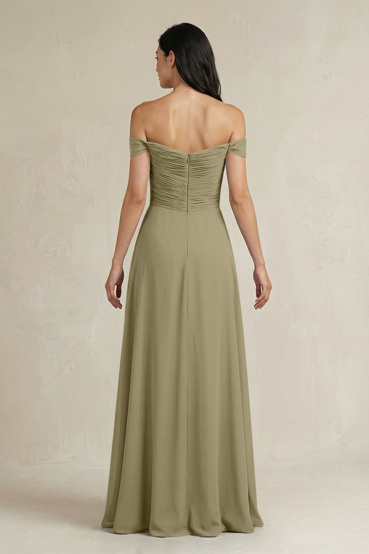 A-Line Pleated Off-the-Shoulder Chiffon Bridesmaid Dress in Thyme