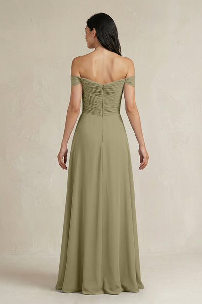 A-Line Pleated Off-the-Shoulder Chiffon Bridesmaid Dress in Thyme