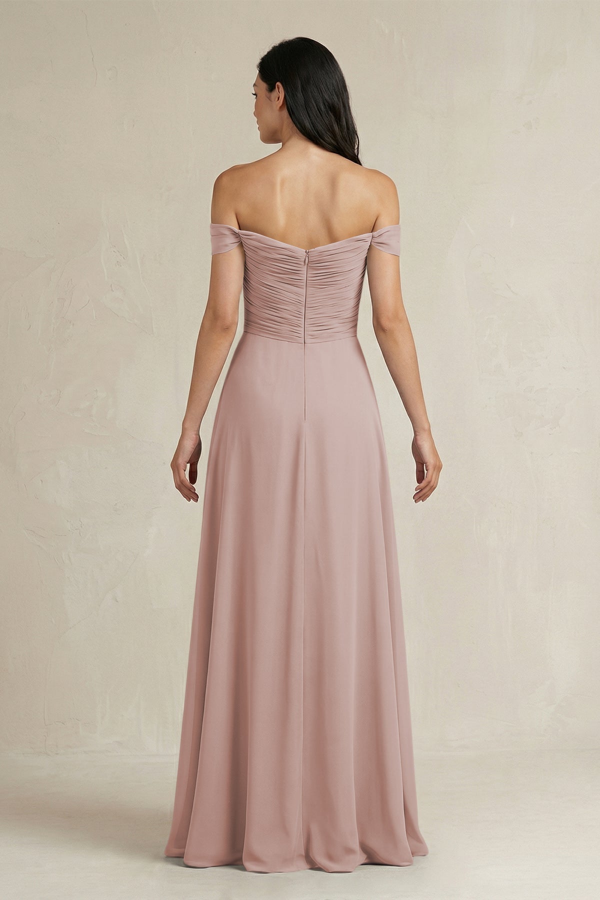 A-Line Pleated Off-the-Shoulder Chiffon Bridesmaid Dress in Toffee