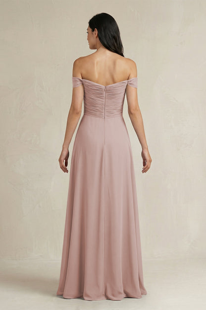 A-Line Pleated Off-the-Shoulder Chiffon Bridesmaid Dress in Toffee