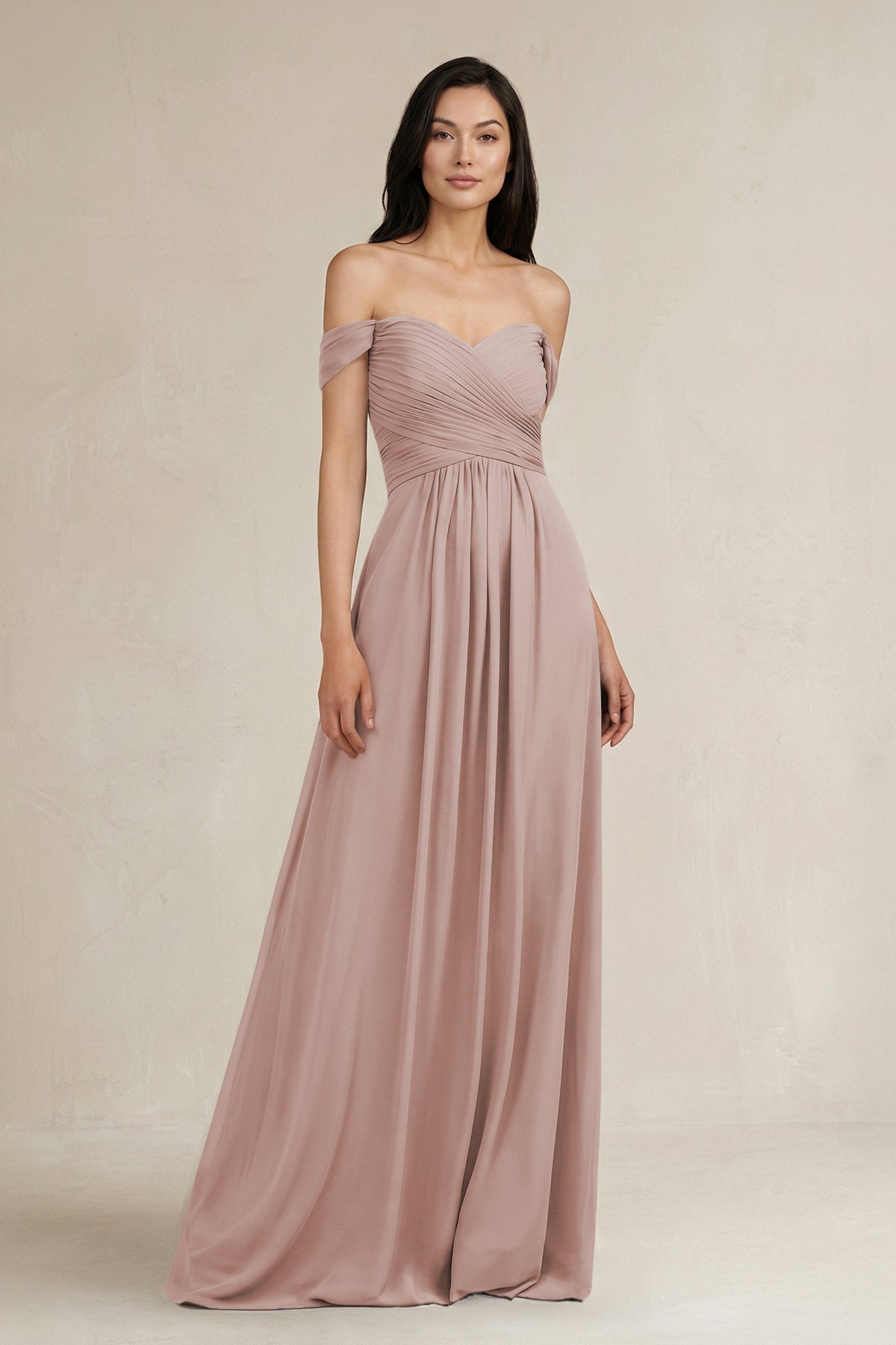 A-Line Pleated Off-the-Shoulder Chiffon Bridesmaid Dress in Toffee