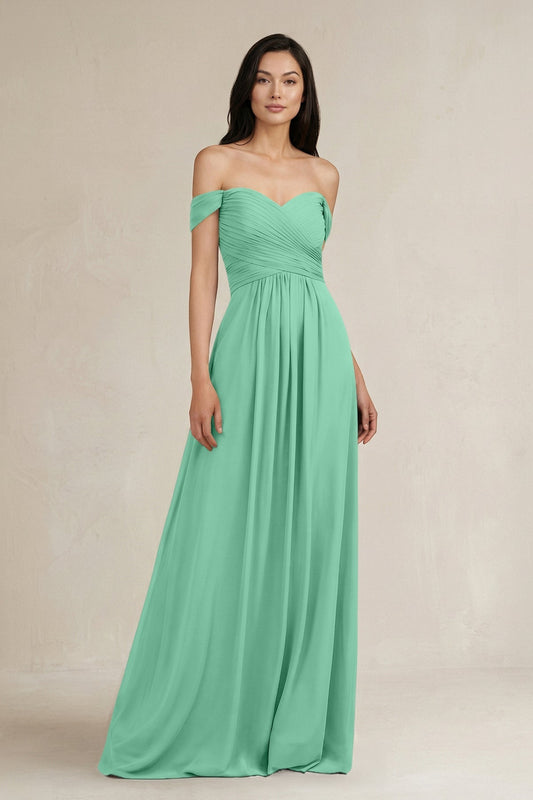 A-Line Pleated Off-the-Shoulder Chiffon Bridesmaid Dress in Turquoise