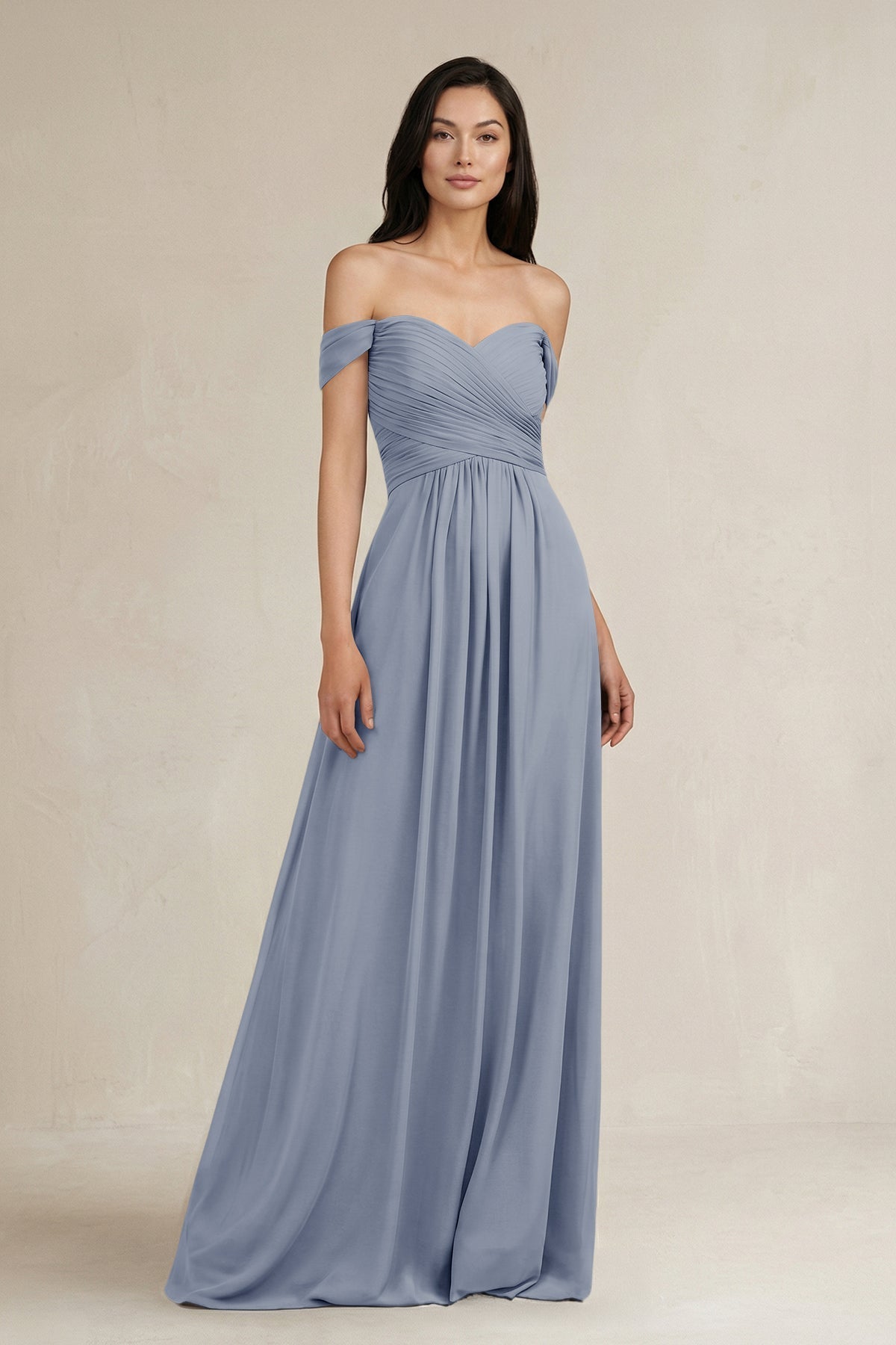 A-Line Pleated Off-the-Shoulder Chiffon Bridesmaid Dress in Twilight