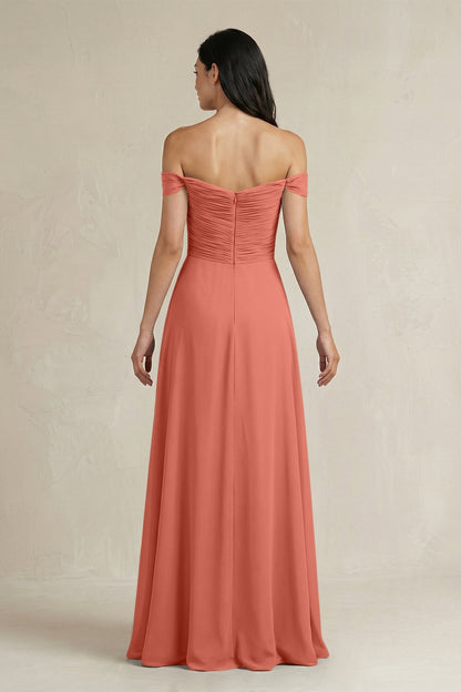 A-Line Pleated Off-the-Shoulder Chiffon Bridesmaid Dress in Wild Rose