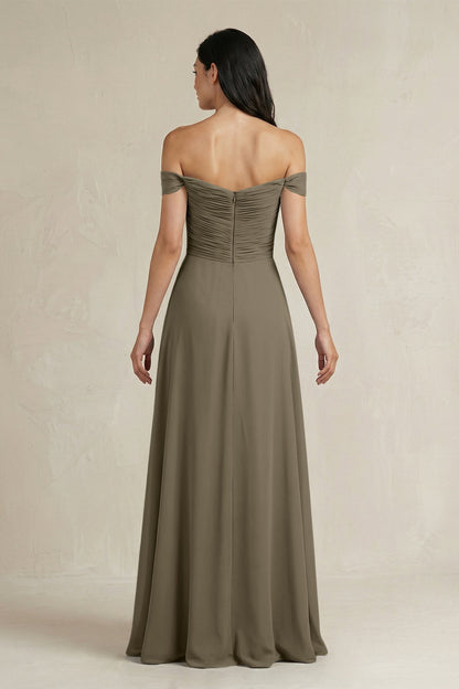 A-Line Pleated Off-the-Shoulder Chiffon Bridesmaid Dress in Willow Green