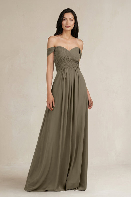 A-Line Pleated Off-the-Shoulder Chiffon Bridesmaid Dress in Willow Green