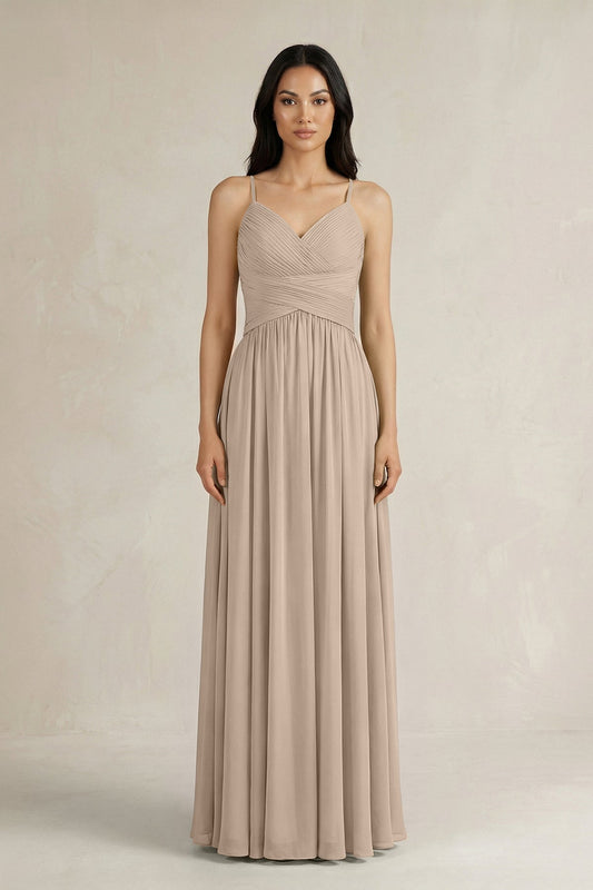 A-Line Pleated Spaghetti Strap Chiffon Bridesmaid Dress in Almond