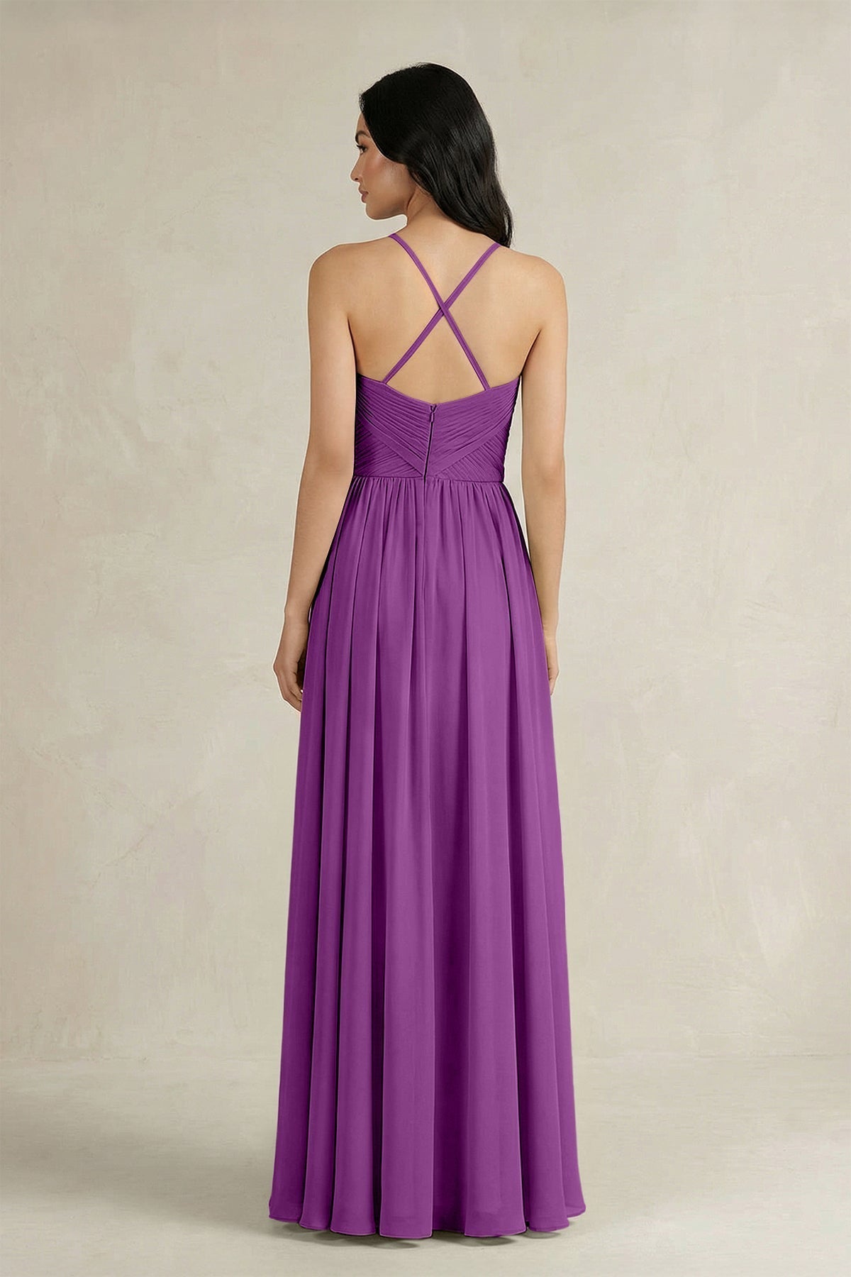 A-Line Pleated Spaghetti Strap Chiffon Bridesmaid Dress in Amethyst