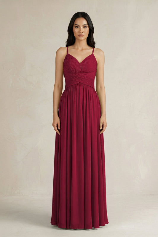 A-Line Pleated Spaghetti Strap Chiffon Bridesmaid Dress in Berry