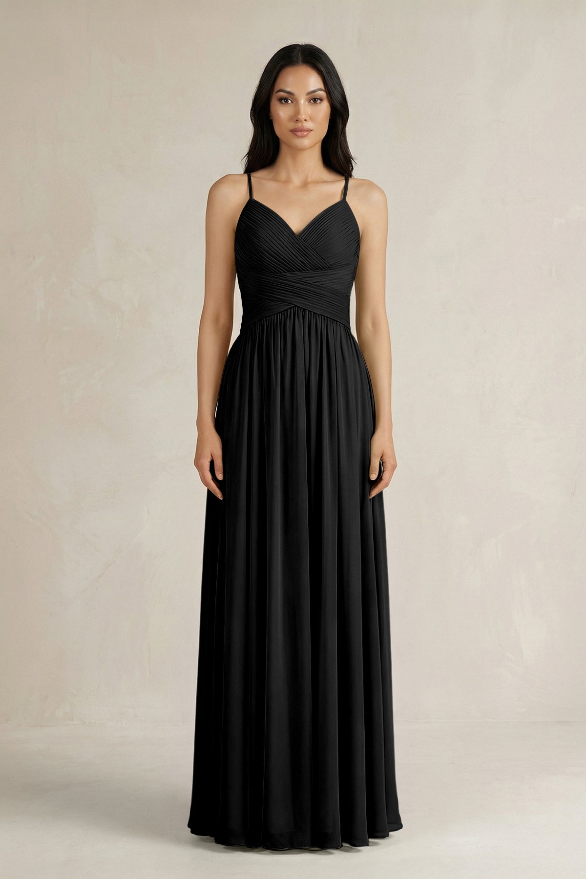 A-Line Pleated Spaghetti Strap Chiffon Bridesmaid Dress in Black