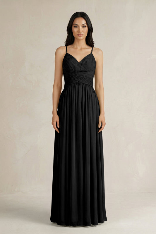 A-Line Pleated Spaghetti Strap Chiffon Bridesmaid Dress in Black