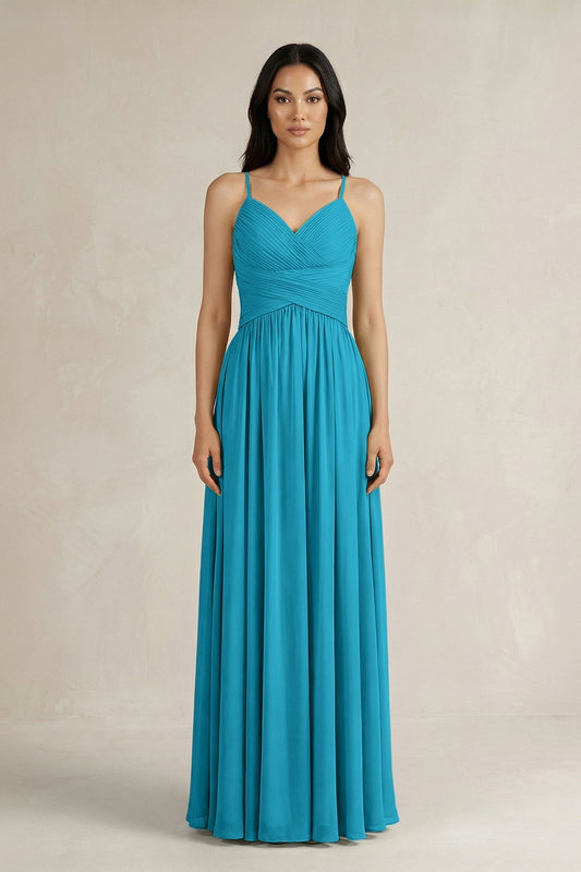 A-Line Pleated Spaghetti Strap Chiffon Bridesmaid Dress in Blue Jay