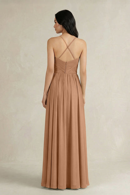 A-Line Pleated Spaghetti Strap Chiffon Bridesmaid Dress in Bronzer
