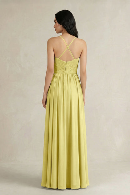A-Line Pleated Spaghetti Strap Chiffon Bridesmaid Dress in Buttercup