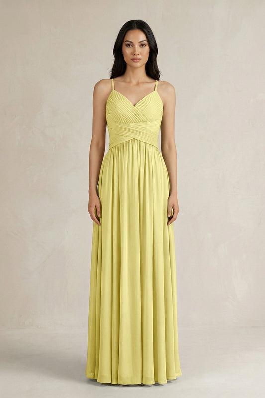 A-Line Pleated Spaghetti Strap Chiffon Bridesmaid Dress in Buttercup