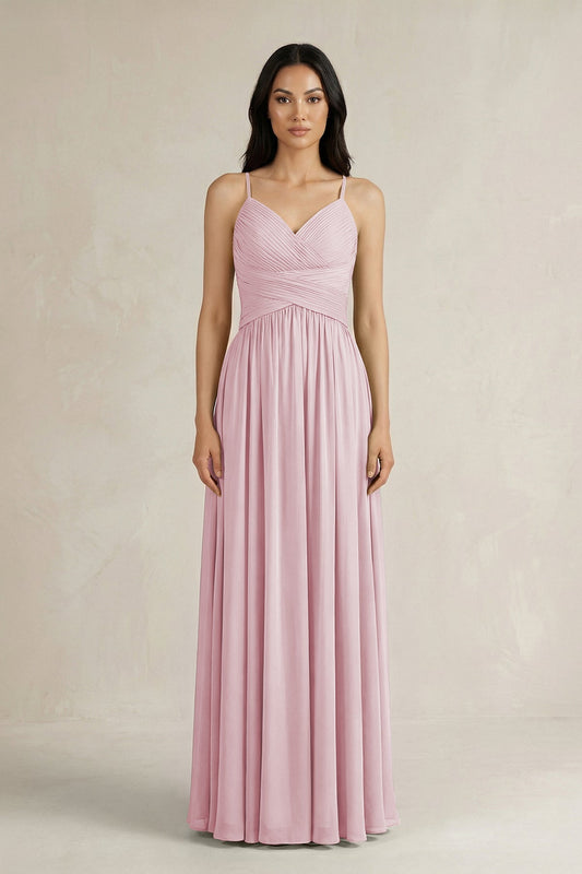 A-Line Pleated Spaghetti Strap Chiffon Bridesmaid Dress in Candy Pink