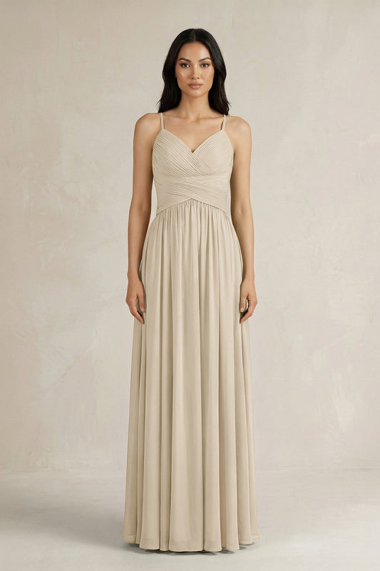 A-Line Pleated Spaghetti Strap Chiffon Bridesmaid Dress in Champagne