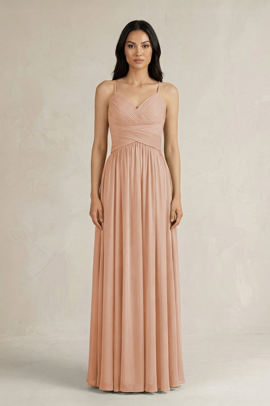 A-Line Pleated Spaghetti Strap Chiffon Bridesmaid Dress in Champagne Rose