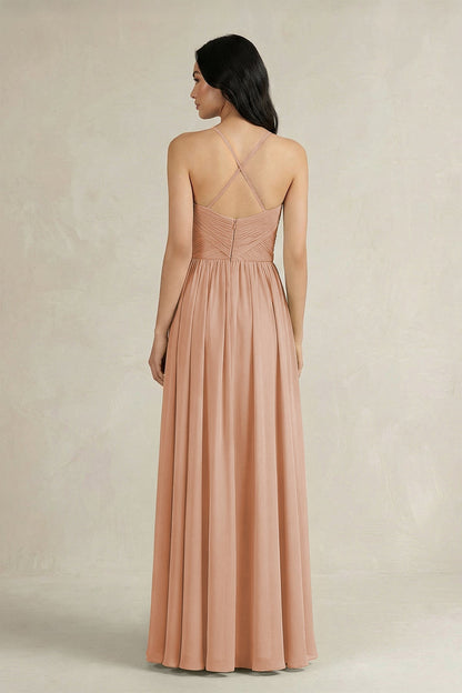 A-Line Pleated Spaghetti Strap Chiffon Bridesmaid Dress in Champagne Rose