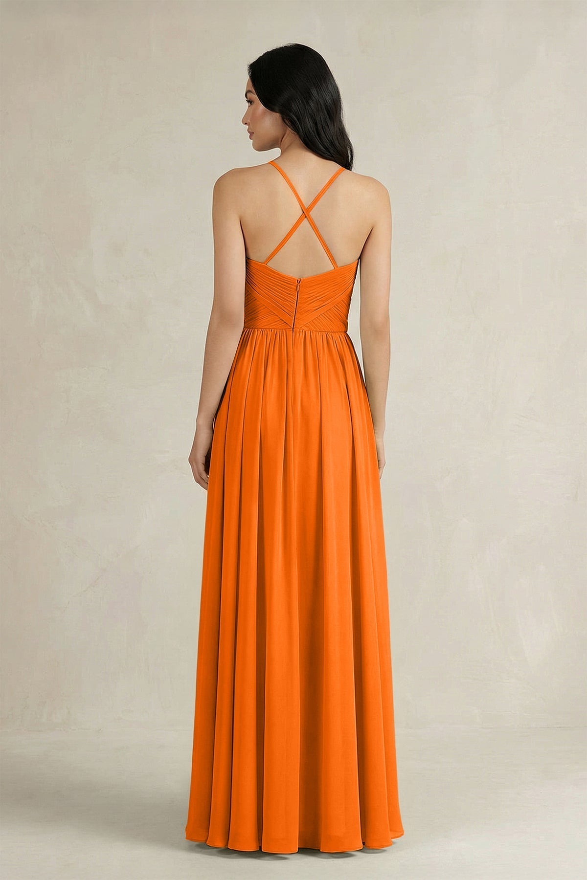 A-Line Pleated Spaghetti Strap Chiffon Bridesmaid Dress in Cinnamon