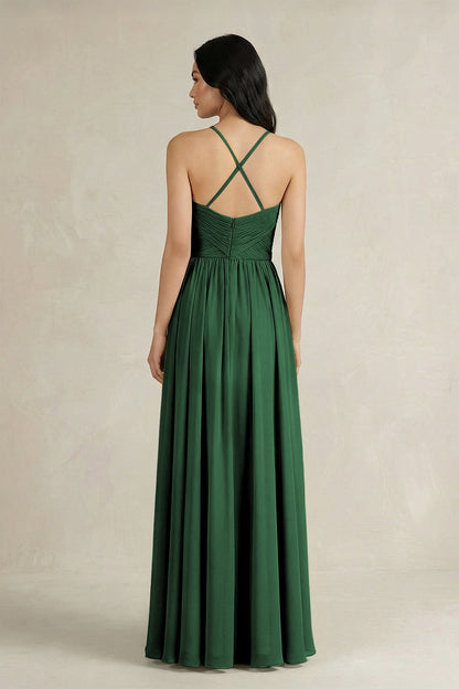 A-Line Pleated Spaghetti Strap Chiffon Bridesmaid Dress in Dark Green