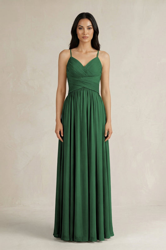 A-Line Pleated Spaghetti Strap Chiffon Bridesmaid Dress in Dark Green